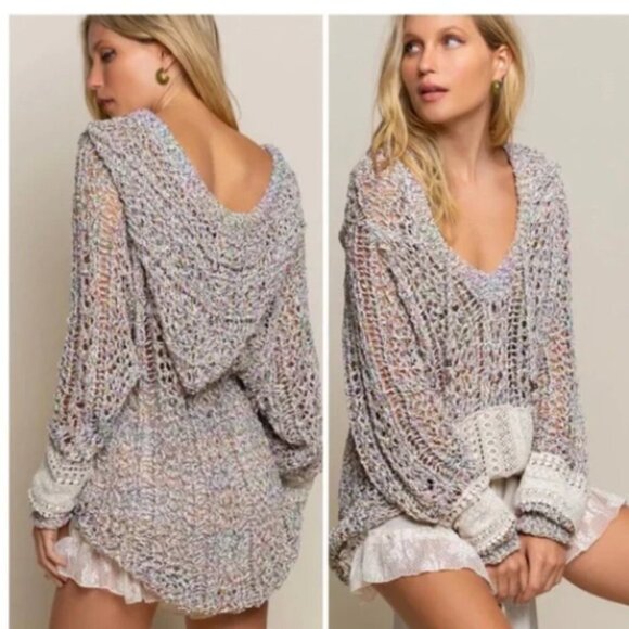 POL Colorful Loose Knit Crochet V Neck Hoodie Lace Kangaroo Pocket S - Picture 1 of 10